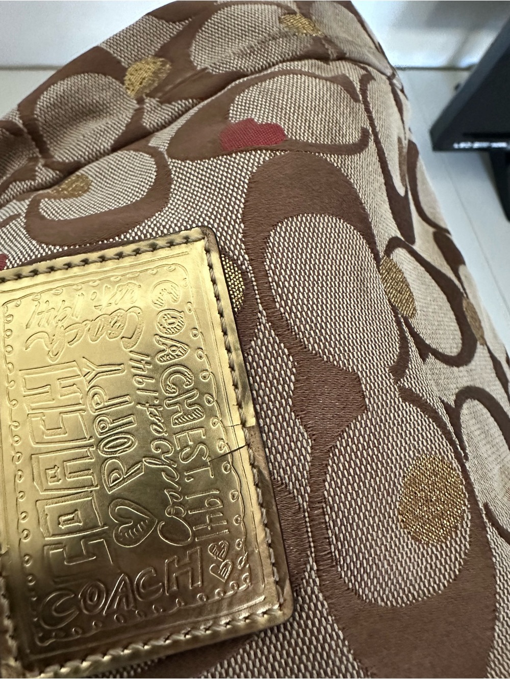Coach Signature Heart-Print Shoulder Bag in Red and Brown with Gold Accents - Picture 3 of 10